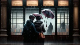 The windows of an old bookstore, with dark wooden frames and fogged-up glass, caught the eyes of those seeking shelter from the rain. Outside, a couple shared an umbrella