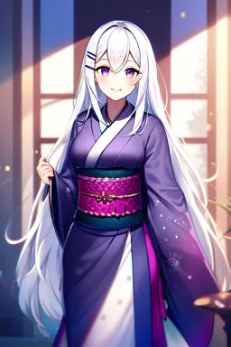 girl, masterpiece, best quality, cinematic lighting, detailed outfit, vibrant colors, perfect eyes, white hair, purple eyes, long hair, kimono, indoors, light rays, hairclip, smile,