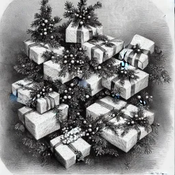 packages with bows and a decorated pine tree for Christmas by Thomas Nast