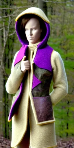 Image shows wholly a Brunette woman. average body type. Mantle is sewed of recycled Denim and sewed together of camouflage pieces. Camouflage colors are orange,terracotta, cream and purple. Cream latex gaiter. More yellow(Munsell)!!!Big bright purple/khaki felt tippet and cream or blue or lilac colored-hood. mantle is merged with satchel. . AKG-style headphones (gold rings!) is merged with small felt cap with small visor. Style: Haute Couture in 1936, Paris fashion in 2023.