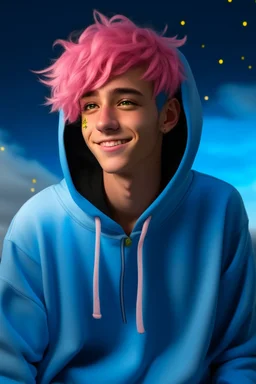 An androgynous young man with tousled pink hair and golden eyes floating among the stars wearing a light blue hoodie and black board shorts. He is smiling softly and holding a star in one hand.