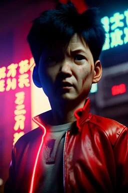 Thriller movie, Kaneda from Akira anime, neotokyo city background, glow eyes, cinematic, Ultra realistic, wide angle view, soft color, highly detailed, unreal engine 5, RTX, ultra detail, volumetric lighting, 3d, finely drawn, high definition.