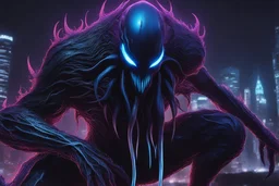 Huge symbiote in 8k solo leveling shadow drawing, Cthulhu model, neon blue lights, sea, intricate details, highly detailed, high details, detailed portrait, masterpiece,ultra detailed, ultra quality