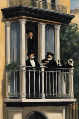a photo realistic version of The Balcony (Le Balcon)Painting by Édouard Manet, whose main characters are the Addams Family: Gomez and Morticia Addams, Wednesday and Pugsley