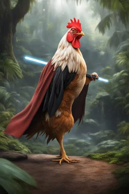 [photo realistic] a rooster standing with a Jedi cape and a Lightsaber, using the force, jungle in the background