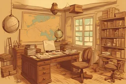office, Work desk, map globe, village house, old room, minimal, digital painting, vector, illustration, politics, 1900 AD, old, COLORS, cartoon, Letters,