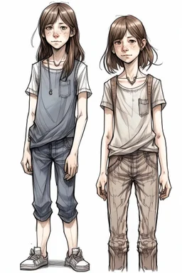 tom-boy girl of 13 years, realistic style, very thin body, long arm, salopette dress, total body