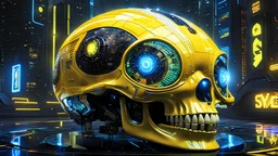 A masterpiece conceptual digital painting of a prototype, experimental, yellow(((Pac-Man)))-cybernetic skull hybrid, with illuminated holographic eyes, pinstripes, and detailed LED light accents, in a glossy cyberpunk background, Syd Mead art style, sci-fi, cyberpunk, game art, intricate details, HDR, beautifully shot, hyperrealistic, sharp focus, dim foul lighting, 64 megapixels, perfect composition, high contrast, cinematic, atmospheric, moody.