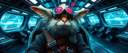 portrait of bad ass fluffy captain pilot focus gremlin cyber punk, in sci fi air ship waiting hall, in future dynasty