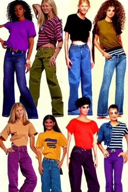 year 1996 denim fashion. Loose fit, low waist, baggy, Combat pants and t-shirt. Colors: denim blue, blue, purple, khaki, light green, lilac, plum, orange, terracotta, red, pink, dark blue, beige. Women models. Patterns: cheetah, balls, stripes.Jennifer Lopez, Gwyneth Paltrow, . Big tennis shoes on. Cargo pants. leg warmer