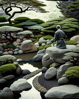 a person looking at gardens with The meticulously raked gravel resembled flowing rivers, while perfectly placed rocks evoked a sense of harmony. Bonsai trees, meticulously pruned and cultivated, exuded tranquility. A moment of peaceful contemplation amidst the artistry of nature's balance.