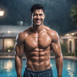 Hyper realistic extremely handsome muscular short black hair man smiling & standing between swimming pool in a heavy rainy night