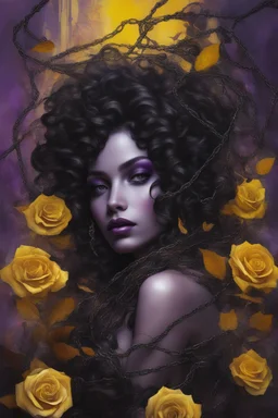 abstract creation of a beautiful girl with black curly hair, surrounded by black roses, wrapped in thick metal chains, glass petals on the ground, autumn and bright yellow and purple colours,dried out thorn bush, chaos,