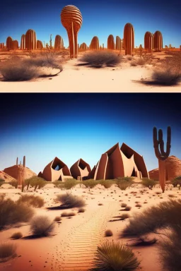 alien buildings, in the desert, surrounded by acacia trees, dunes, pathways, lake, roads, mountains, blue sky