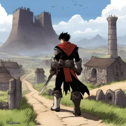 [wii No More Heroes style with thick lines] When the last huddled village fell behind him, Conan left the road, which was beginning to bend toward the northwest, toward the distant passes. To keep to the road would mean to pass by border towers, still garrisoned with armed men who would not allow him to pass unquestioned.