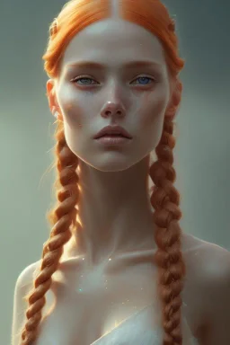 Woman, corpo intero, beautiful, orange hair, two braids, bangs, blue eyes, big eyes, freckles, long eyelashes, Frozen, 8k resolution concept art portrait by Greg Rutkowski