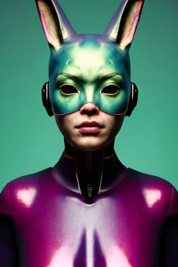 Medium Close Up Portrait, Front image. cyberpunk, rabbit mask, Asian woman, pink short hair. latex suit. Red, black, gold, color. Ghost in the shell style. Color background, photo studio. Avatar image, highly detailed, concept art, smooth, unreal engine 5, god rays, ray tracing, RTX, lumen lighting, ultra detail, volumetric lighting, 3d, finely drawn, high definition, high resolution.