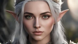 (detailed face, detailed eyes, clear skin, clear eyes), lotr, fantasy, elf, female, silver hair, looking at viewer, portrait, photography, detailed skin, realistic, photo-realistic, 8k, highly detailed, full length frame, High detail RAW color art, piercing, diffused soft lighting, shallow depth of field, sharp focus, hyperrealism, cinematic lighting