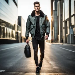 A full-body shot of a young man wearing jacket and pants walking looking at the camera