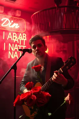 An spanish Guy with big eyes "Enrique" performing at dance club, his name is "Enrique" Red roses On stage, red Neon lights and smog, and "Din KEBAB I NATT" big sign on the wall, serenade under balcony