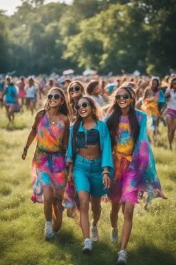 Amidst the pulsating energy of the iconic music festival, the girls fully immerse themselves in the vibrant atmosphere. Their exploration of the grounds, marked by laughter and carefree attitudes, embodies the festival's spirit of freedom, unity, and boundless joy.