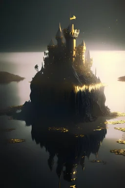 Black and gold castle on a floating island, sharp texture, 8k Resolution, unearthly, dream-like, cinematic, smooth render, unreal engine 5, octane render, cinema 4d, HDR, dust effect