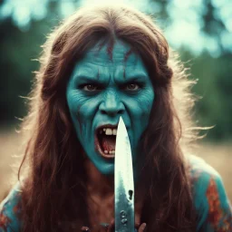 [vintage style noisy scratches glitches, Shot the texture and then rewound the film and double exposed the face] 1970s angry Hippie warrior woman with a knife gripped tightly in her hands fighting Alien liquid saliva monster. Face to face: Its drooly, drooling head looms dangerously close to her pretty face, dripping with acidic saliva. the world emits eerie, otherworldly sounds that reverberate through the liquid landscape.