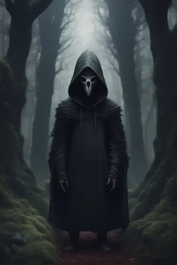 A hooded creature in the forest , dark material, surrealist, elementals, intricate background, masterpiece, octane rendered, artstation