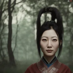 wonderfull japanese woman head portrait, samurai costume, village, meditation, woods, cyberpunk, 8k quality