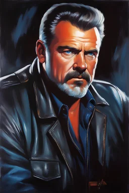 58-year-old man with crew-cut dark brown hair tapered on the sides, gray goatee, blue eyes, overweight, wearing a leather jacket - pitch black background, extremely colorful, oil painting by frank frazetta