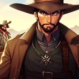 Portrait, Bearded, gunslinger, short brown hair, serious eyes, wild west Coat, intricate details, serious, highly detailed,