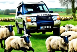 lots of sheep jumping on each other with mechanic, portrait of a broken mechanic, mixed body hybrid part big (sheep), fixing (far away old land rover 4x4 discovery 2) in the countryside