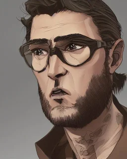 Fit man in round glasses, wavy hair, stubble, slim, tie, monotone, green eyes, comic book style, two tone colours, detailed, ink, realistic, handsome, square jaw, big brows, no jacket, bird on the shoulder, spotlight