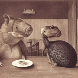 Realist portrait of one armadillo and one otter having coffee together in a diner 1880s