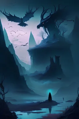 fantasy landscape with a dreamy style and a dark creature lingering