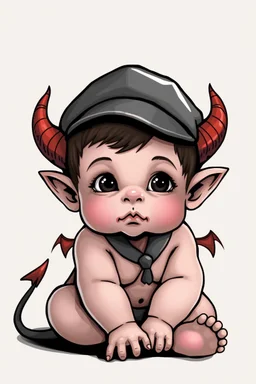 Cute baby demon with horns wearing a newsboy cap