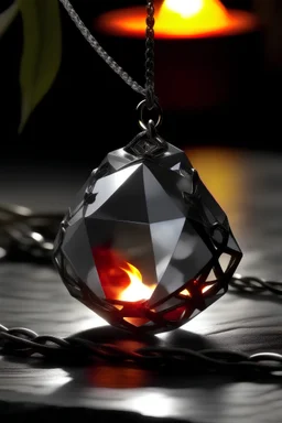 A bright candle flame is wrapped around a gray diamond-shaped translucent stone in the pendant.