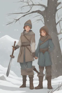 DnD style, two medieval peasant kids playing in the snow male and female, age 14 and 15, happy and playful, he has a short sword.