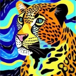 Dibujo al oleo de un leopardo pintado con muchas nubes de colores estilo Vincent van Gogh