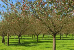 Dia soleado, arboles frutales, plaza