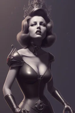 Rita Hayworth as evil queen in black leather, busty, cleavage, curvy, angry, stern look. character design by cory loftis, fenghua zhong, ryohei hase, ismail inceoglu and ruan jia. unreal engine 5, artistic lighting, highly detailed, photorealistic, fantasy