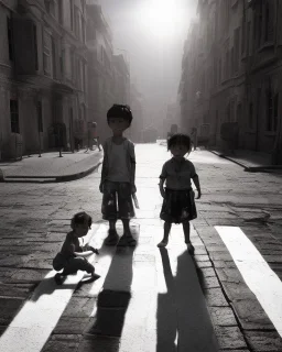 children playing on the street capture them against the sun and make an art silhouette, details, sharp, black and white 8k