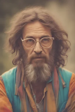 Hippie man in his 40s with Parisian bohemian look and glasses of colours and poor hair on the head with receding hairline. Farsightedness glasses with big eyes. Long beard. Vintage look and feel like photos of the 70s
