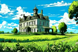 Disused, Victorian Manor House, Blue Sky, Over-Grown Fields, Vector Art