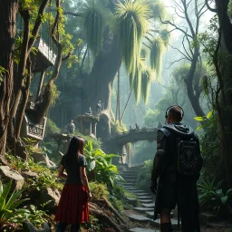 Scene from a modern fantasy live-action movie featuring the "Garden of Practicality", the Clockwork Forest Realm of Ix Chel, Cyberpunk style. At most one person.
