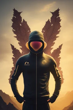 running alien portrait , black jogging suite , in the sunset Alps, golden light , holding leaves and flowers , angels background, volumetric light, high detail, dark leaf tree, dark mountains in background, perfect