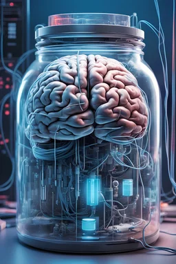 A magazine cover with a brain in a jar, and is connected to lots of wires. The overall color scheme should be cold and in cyberpunk style, mainly composed of blue-ish colors. The tone of the cover should be serious and venerating. A huge computer should be included in the background, with the wires also connected to it. The brain should be presented as a combination of both a physical brain and an electronic + virtual brain.