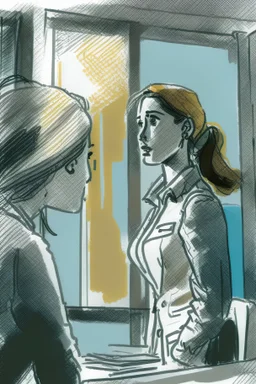 woman talking to someone in office with big windows sketch style with a bit color