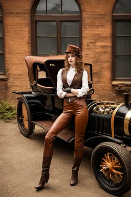 young woman with straight shoulder-length hair, dressed in brown leather trousers and waistcoat, leather gloves and a fascinator in an old industrial courtyard, next to a steampunk steam car on a summers day