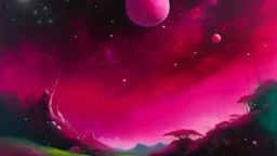 A magenta outer space with swirling stars painted by George Inness